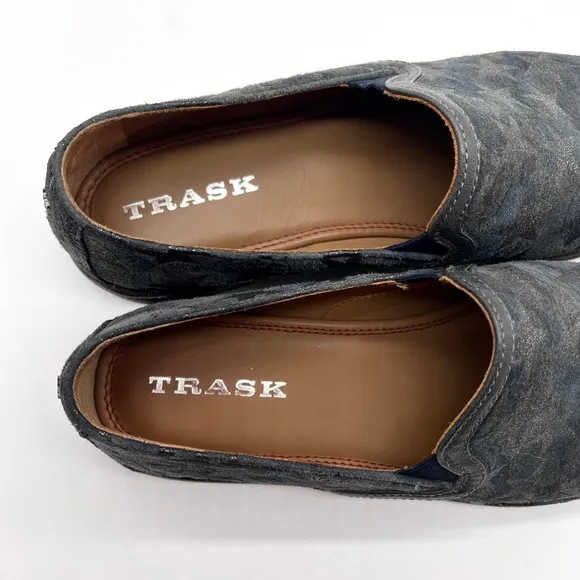 TRASK Shoes Womens 8 Navy Gray Leather Ali Slip On Flat Loafer Camo Silver Star