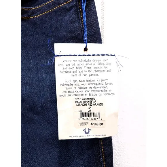 TRUE RELIGION NWT Womens 27 Jeans Straight Leg Low Rise W2G502Y9M