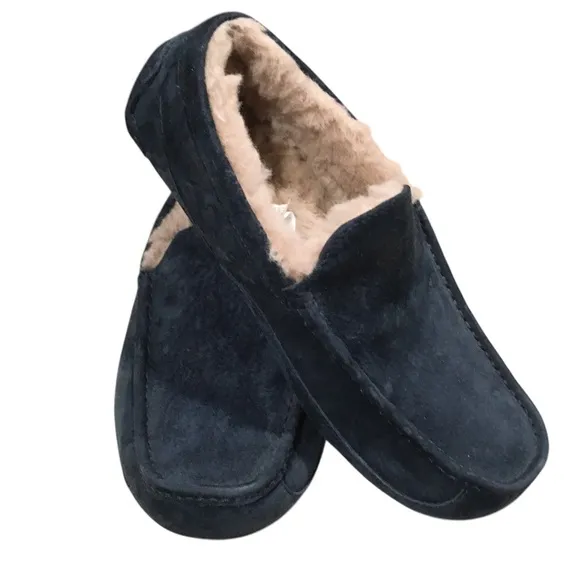 UGG Ascot Navy Suede Sheepskin Slippers Moccasins Shoes 10