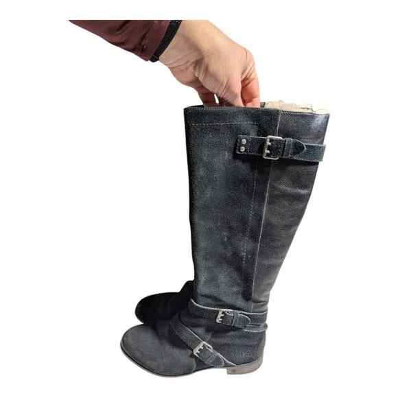 Ugg Australia Cydnee Black Suede Leather Almond Toe Knee High Riding Boots 7.5