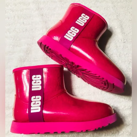 UGG Classic Mini Waterproof Clear Hot Pink Ankle Boots. Size 7