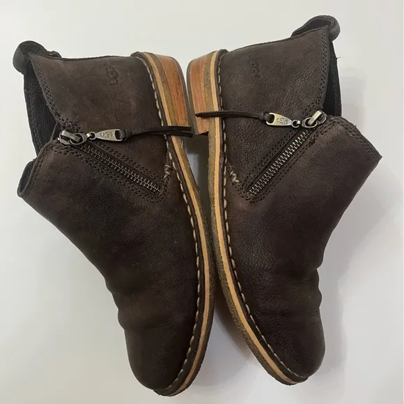 UGG Clementine side zip ankle boots brown leather booties sherpa insole 6