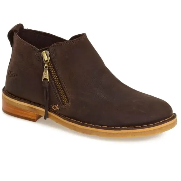 UGG Clementine side zip ankle boots brown leather booties sherpa insole 6