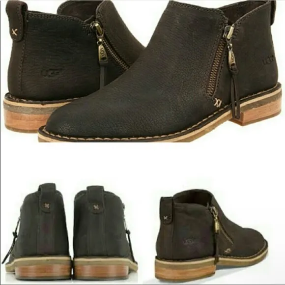 UGG Clementine side zip ankle boots brown leather booties sherpa insole 6