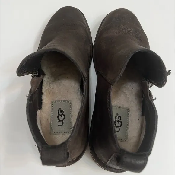 UGG Clementine side zip ankle boots brown leather booties sherpa insole 6