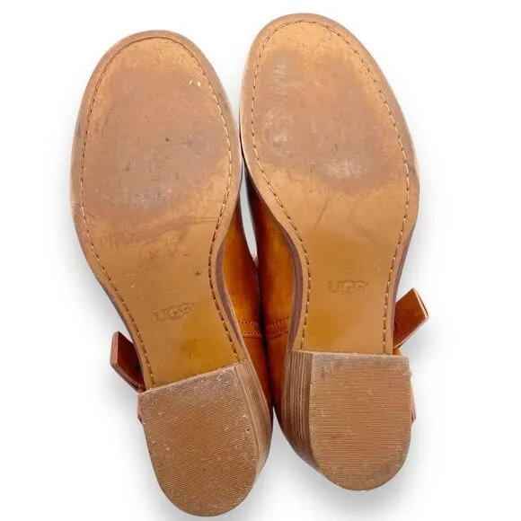 UGG Elora Leather Buckle Strap Slouchy Block Heel Boots Cognac Brown Size 6.5