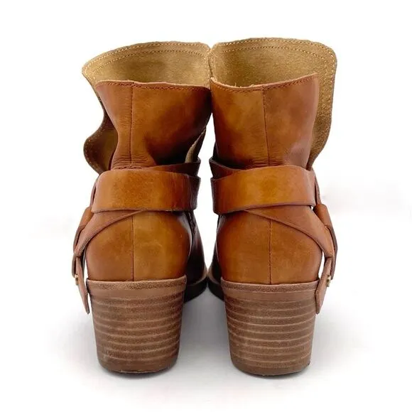 UGG Elora Leather Buckle Strap Slouchy Block Heel Boots Cognac Brown Size 6.5