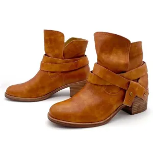 UGG Elora Leather Buckle Strap Slouchy Block Heel Boots Cognac Brown Size 6.5