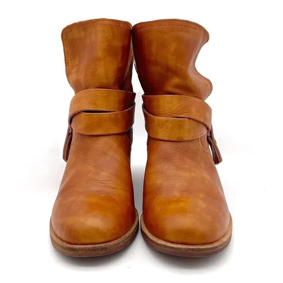 UGG Elora Leather Buckle Strap Slouchy Block Heel Boots Cognac Brown Size 6.5