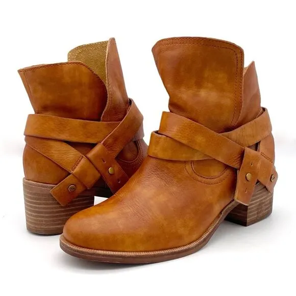 UGG Elora Leather Buckle Strap Slouchy Block Heel Boots Cognac Brown Size 6.5