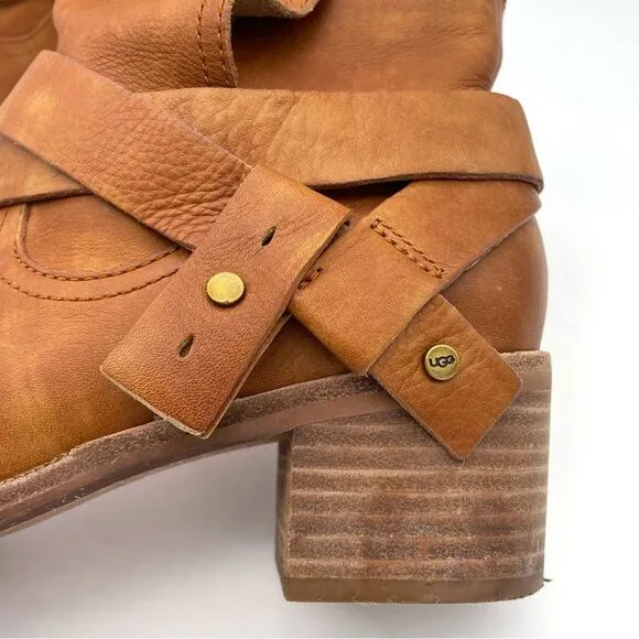 UGG Elora Leather Buckle Strap Slouchy Block Heel Boots Cognac Brown Size 6.5