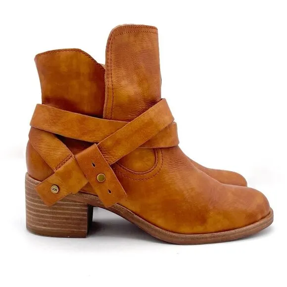 UGG Elora Leather Buckle Strap Slouchy Block Heel Boots Cognac Brown Size 6.5