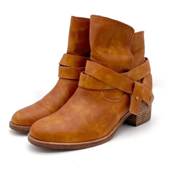 UGG Elora Leather Buckle Strap Slouchy Block Heel Boots Cognac Brown Size 6.5