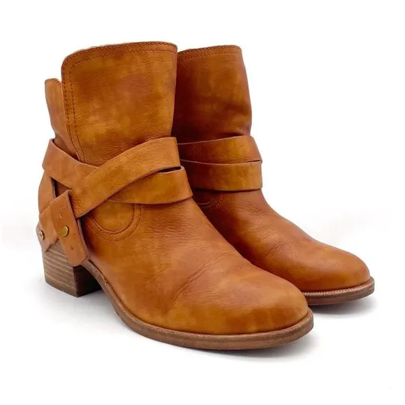 UGG Elora Leather Buckle Strap Slouchy Block Heel Boots Cognac Brown Size 6.5