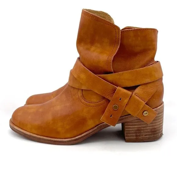 UGG Elora Leather Buckle Strap Slouchy Block Heel Boots Cognac Brown Size 6.5