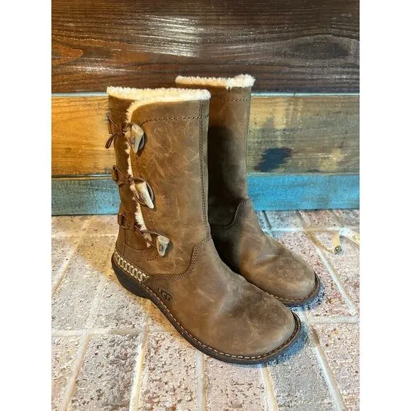 UGG Kona 5156 Boots Chestnut Suede Leather Shearling Sheepskin Lined Toggle 8