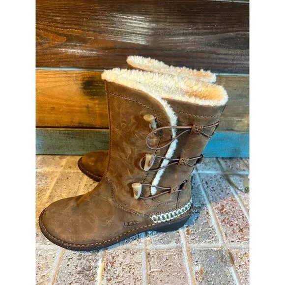 UGG Kona 5156 Boots Chestnut Suede Leather Shearling Sheepskin Lined Toggle 8