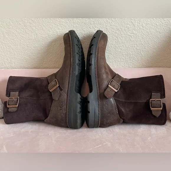 UGG Messner Mens 11.5 Waterproof Suede Leather Boots Chocolate Brown Buckle Zip