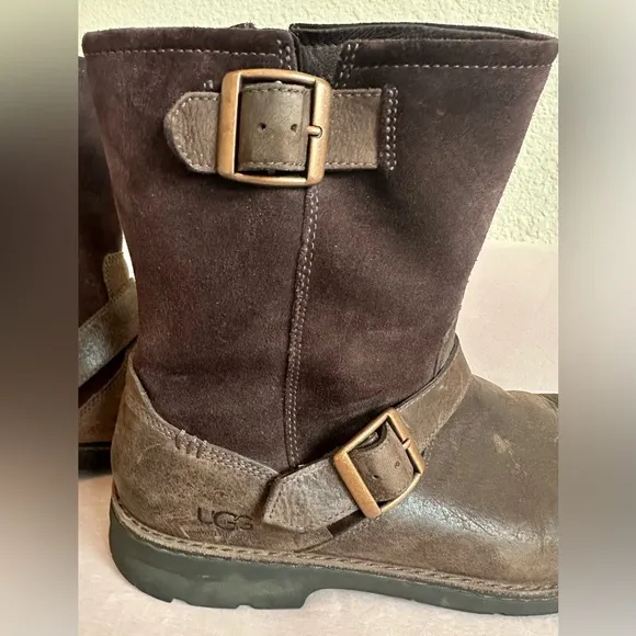UGG Messner Mens 11.5 Waterproof Suede Leather Boots Chocolate Brown Buckle Zip