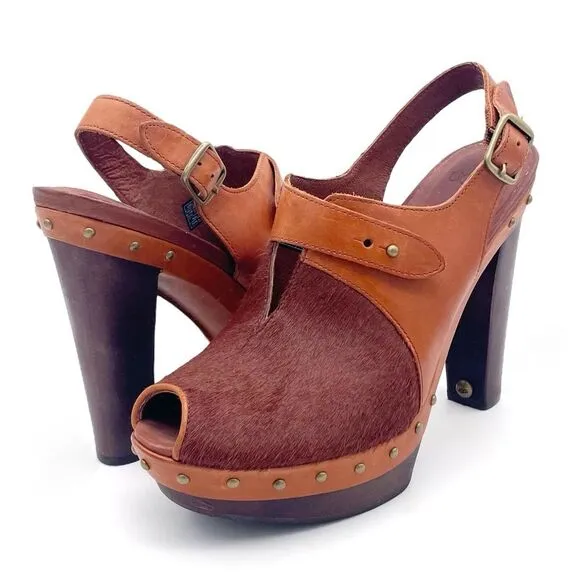 UGG Nicco Leather Calf Hair Platform Peep Toe Slingback Sandal Brown Size 8.5