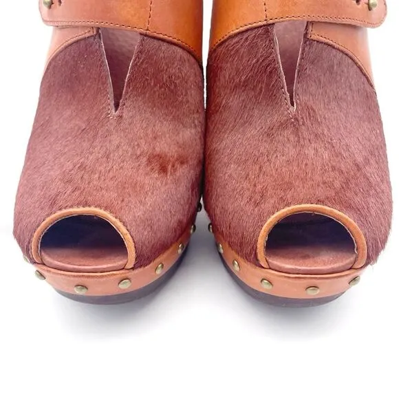 UGG Nicco Leather Calf Hair Platform Peep Toe Slingback Sandal Brown Size 8.5