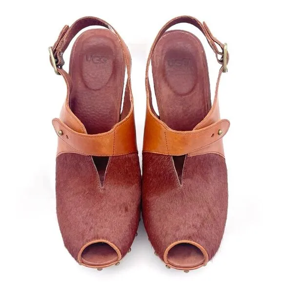 UGG Nicco Leather Calf Hair Platform Peep Toe Slingback Sandal Brown Size 8.5