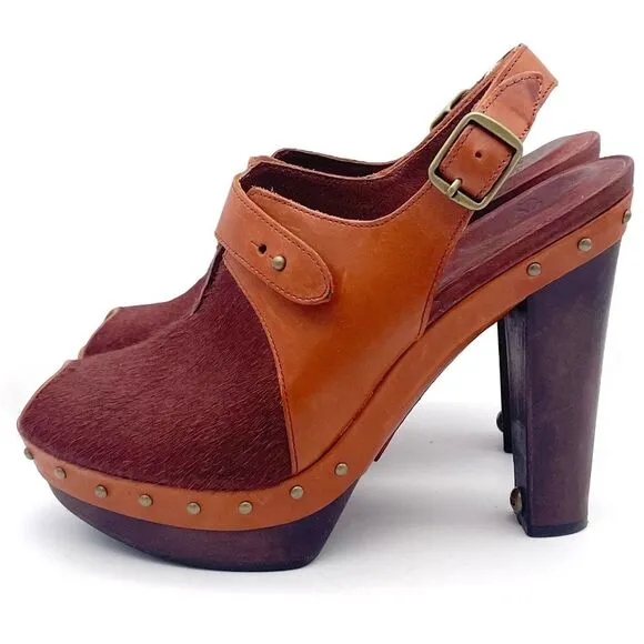 UGG Nicco Leather Calf Hair Platform Peep Toe Slingback Sandal Brown Size 8.5