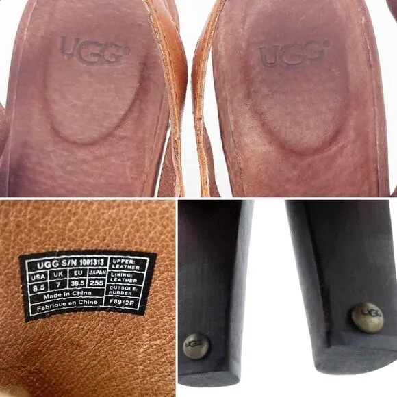 UGG Nicco Leather Calf Hair Platform Peep Toe Slingback Sandal Brown Size 8.5