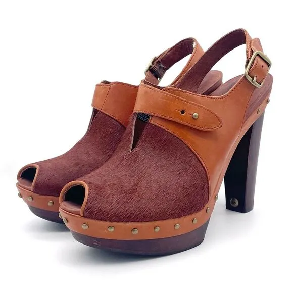 UGG Nicco Leather Calf Hair Platform Peep Toe Slingback Sandal Brown Size 8.5