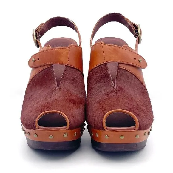 UGG Nicco Leather Calf Hair Platform Peep Toe Slingback Sandal Brown Size 8.5