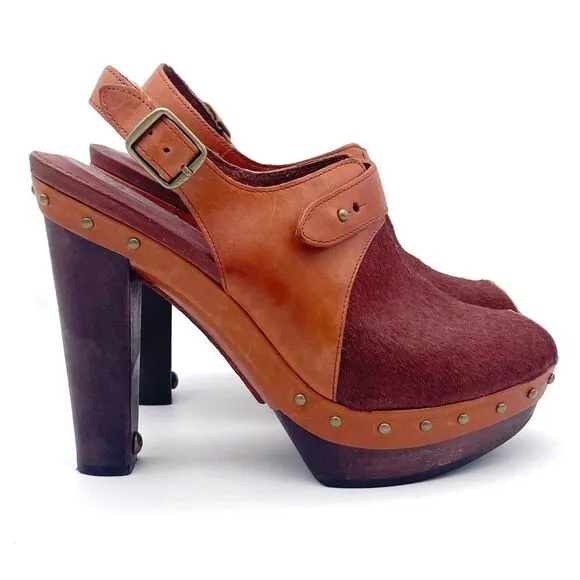 UGG Nicco Leather Calf Hair Platform Peep Toe Slingback Sandal Brown Size 8.5