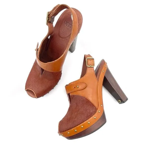 UGG Nicco Leather Calf Hair Platform Peep Toe Slingback Sandal Brown Size 8.5