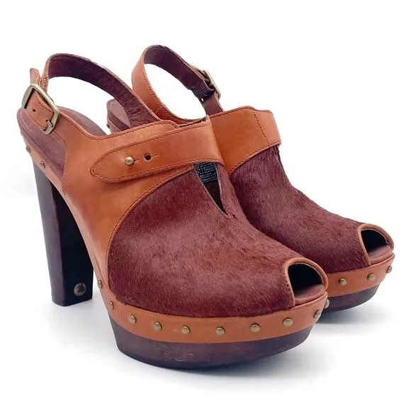 UGG Nicco Leather Calf Hair Platform Peep Toe Slingback Sandal Brown Size 8.5