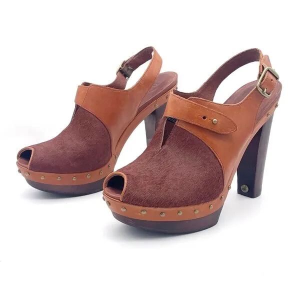 UGG Nicco Leather Calf Hair Platform Peep Toe Slingback Sandal Brown Size 8.5