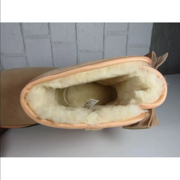 UGG Satin Bow Mini Boots Suntan Color Size 8 NEW