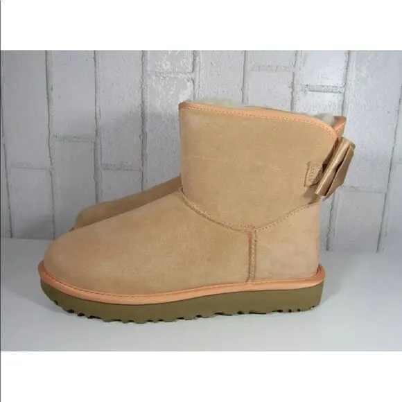 UGG Satin Bow Mini Boots Suntan Color Size 8 NEW