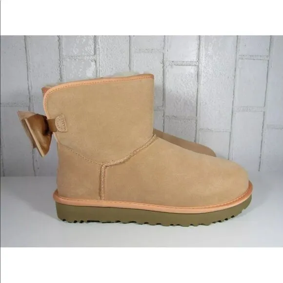 UGG Satin Bow Mini Boots Suntan Color Size 8 NEW