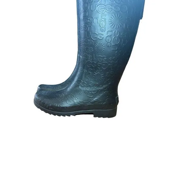 UGG WILSHIRE Women's Black Tall Rubber Rain Boots Embossed Logo Pattern Size 6
