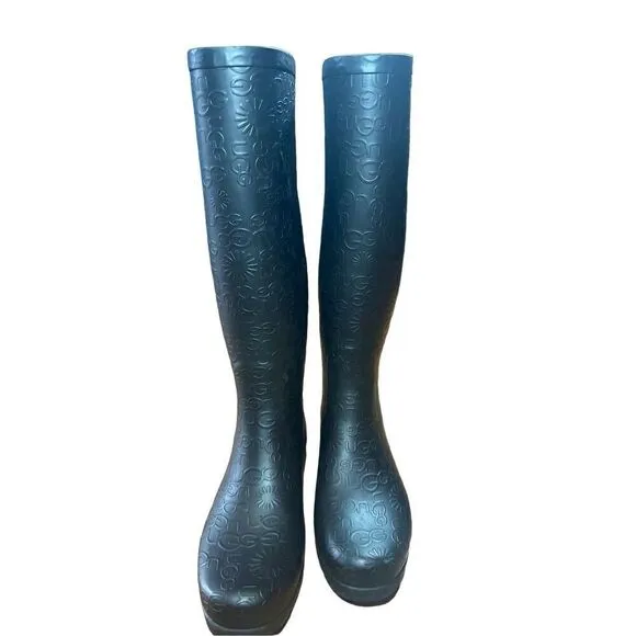 UGG WILSHIRE Women's Black Tall Rubber Rain Boots Embossed Logo Pattern Size 6