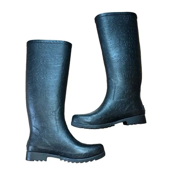 UGG WILSHIRE Women's Black Tall Rubber Rain Boots Embossed Logo Pattern Size 6