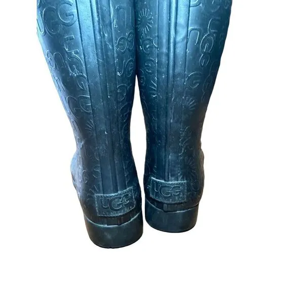 UGG WILSHIRE Women's Black Tall Rubber Rain Boots Embossed Logo Pattern Size 6