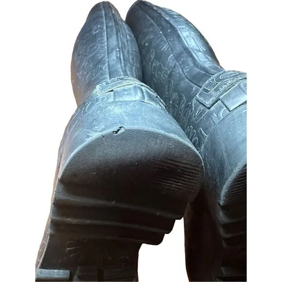 UGG WILSHIRE Women's Black Tall Rubber Rain Boots Embossed Logo Pattern Size 6