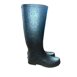 UGG WILSHIRE Women's Black Tall Rubber Rain Boots Embossed Logo Pattern Size 6
