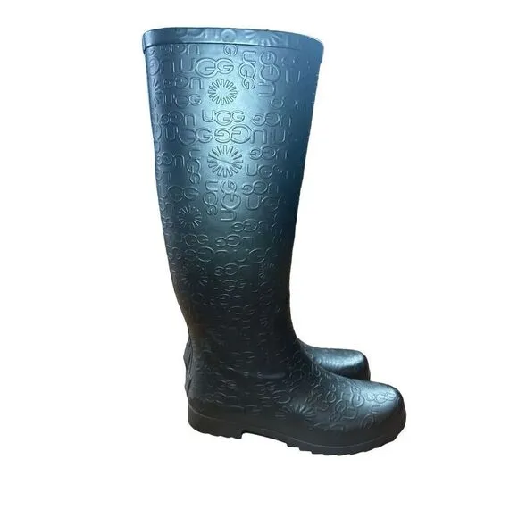 UGG WILSHIRE Women's Black Tall Rubber Rain Boots Embossed Logo Pattern Size 6