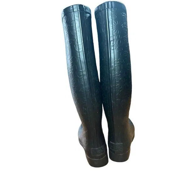 UGG WILSHIRE Women's Black Tall Rubber Rain Boots Embossed Logo Pattern Size 6