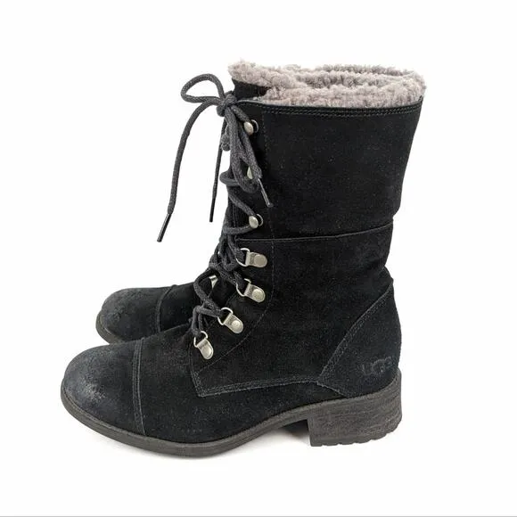 Ugg Womens Shoes Gradin Combat Black Suede Gray Shearling Lining Boot Size 6.5