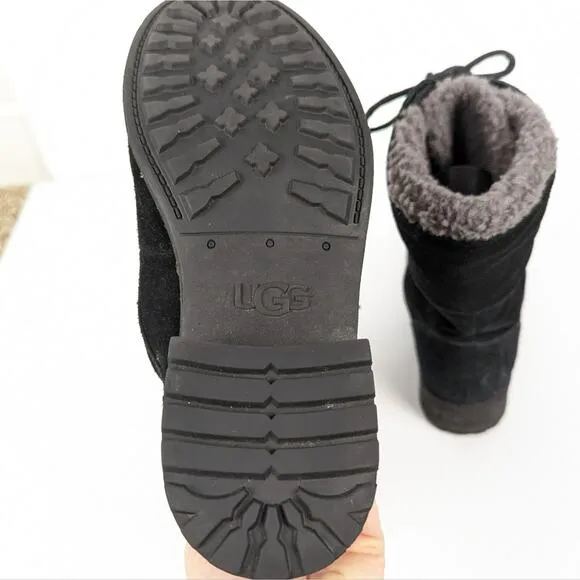 Ugg Womens Shoes Gradin Combat Black Suede Gray Shearling Lining Boot Size 6.5