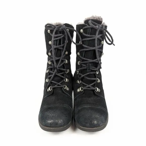 Ugg Womens Shoes Gradin Combat Black Suede Gray Shearling Lining Boot Size 6.5