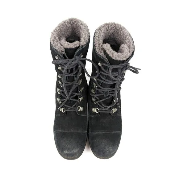 Ugg Womens Shoes Gradin Combat Black Suede Gray Shearling Lining Boot Size 6.5
