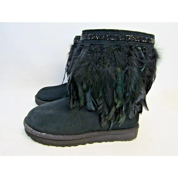 UGG Womens Size 9 M Black Suede Peacock Sheep Fur Lined Boots 1015562